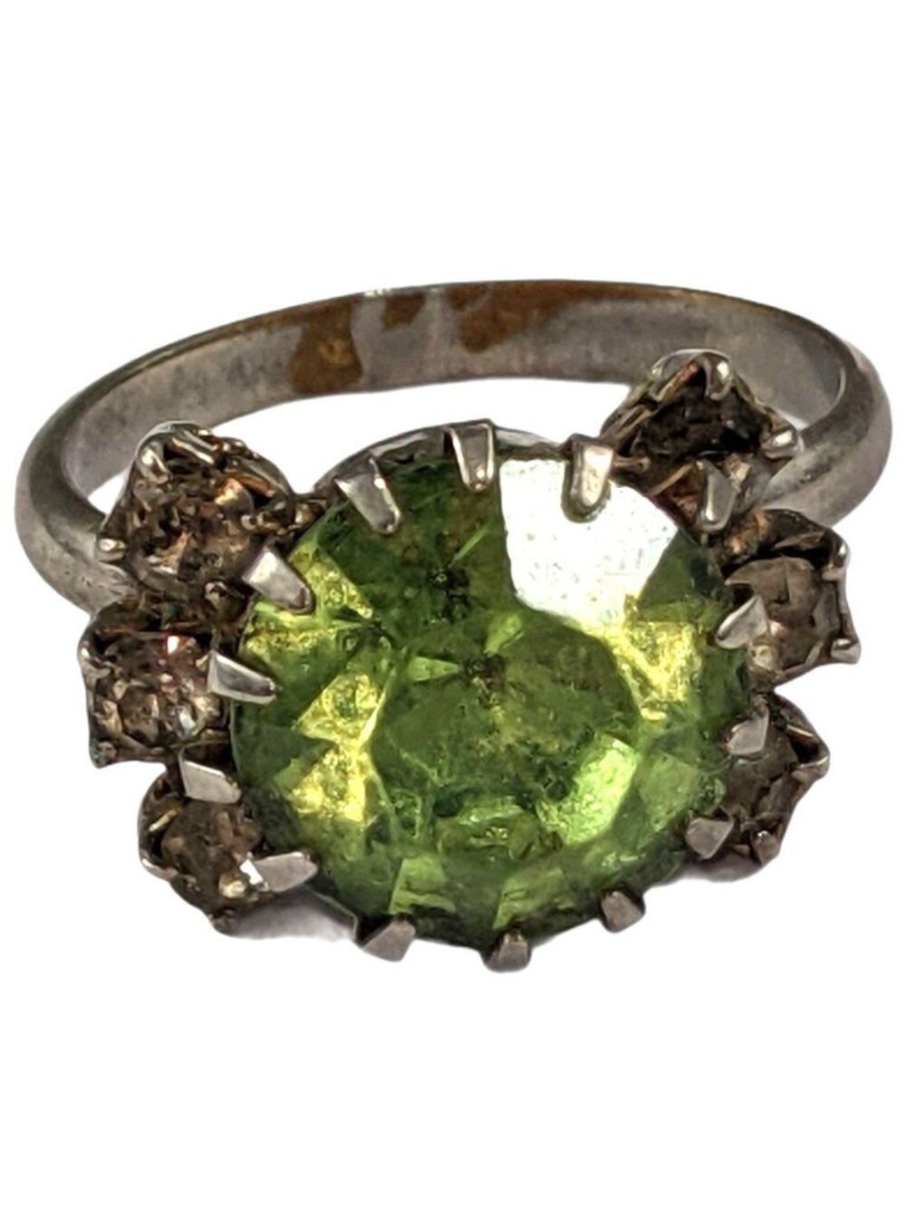 Vintage Silver Ring With Green Gemstone & Clear Accents Size 9.5 A425